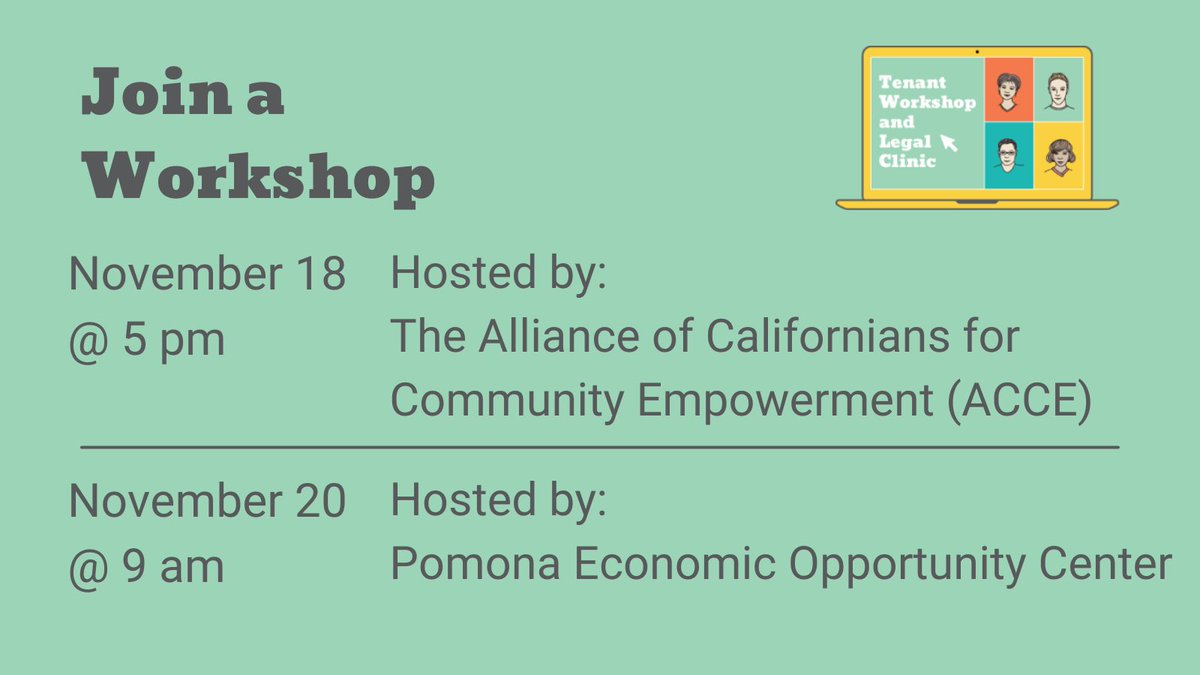 stayhousedla's tweet photo. This week we have several workshops on tenants’ rights and protections. Find a workshop and register on our website https://t.co/NPajwiZdjK to learn more about what you can do to stay housed. https://t.co/jb2gbq7nnm