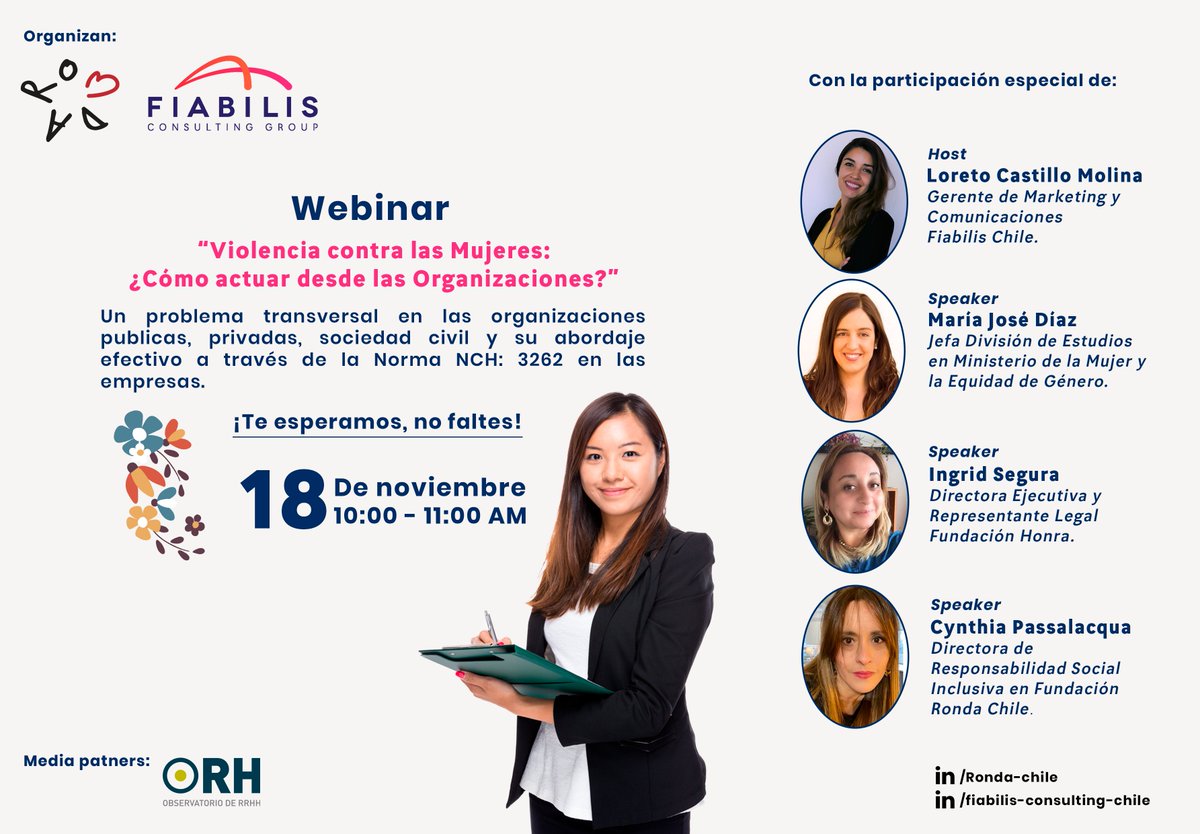 FiabilisChile's tweet photo. Webinar: Violencia contra las Mujeres: ¿Cómo actuar desde las Organizaciones? 
¡No te lo pierdas! Próximo jueves 18 de noviembre 10:00 AM 

Inscríbete aquí: https://t.co/wjc7LZofRn

Media Partner ORH CHILE
#recursoshumanos #capitalhumano #violenciadegénero #gestióndepersonas https://t.co/ObWVnNf9UZ