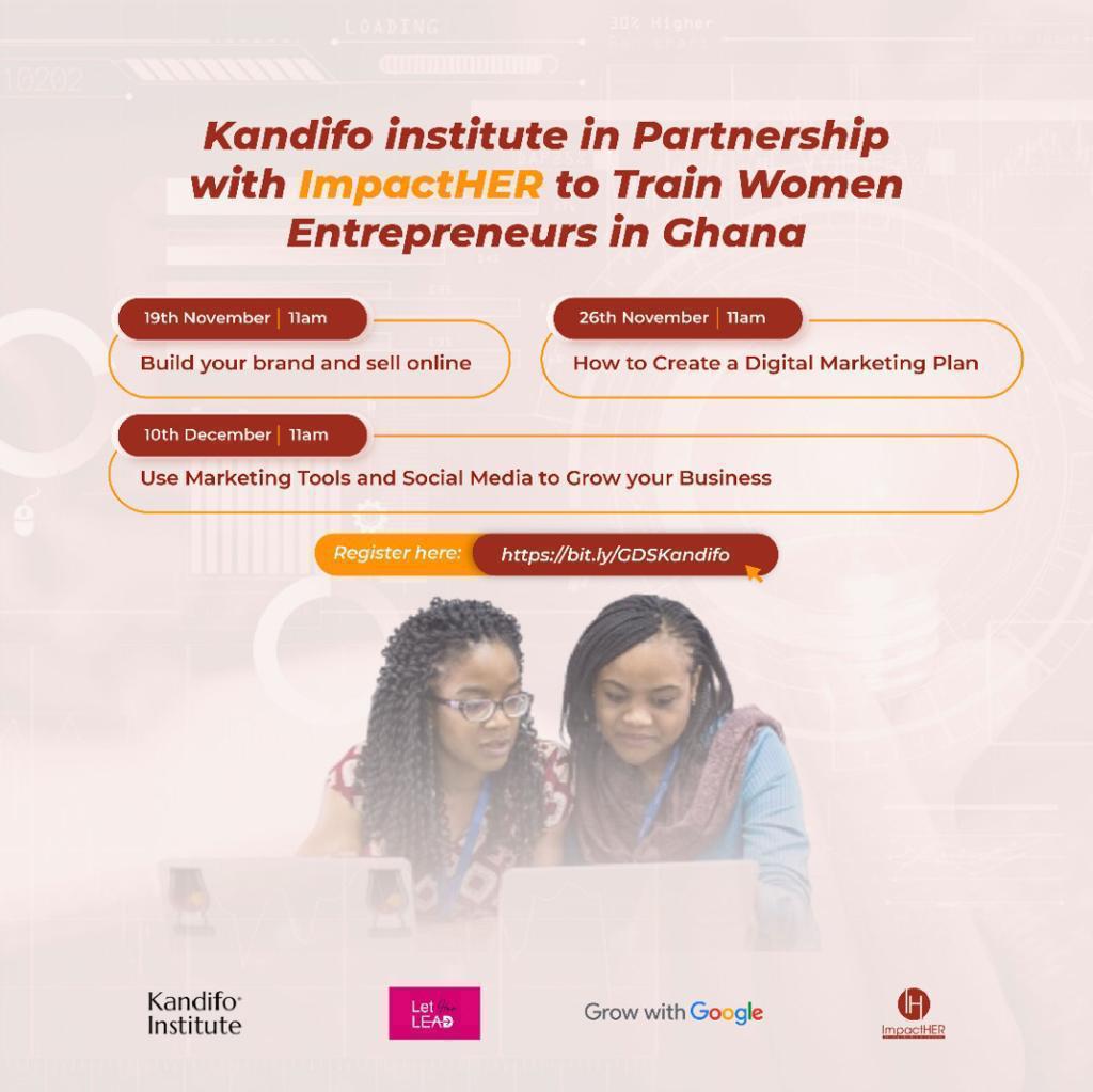 USAGOFFICIAL_'s tweet photo. @_kandifo and @ImpactHERAfrica bring a training session for the Ghanaian women and young Entrepreneurs/Students in the tertiary on Google Digital Skills.

Date: 19th November, 26th November and 10th December, 2021.

Time: 11:00am

Kindly register here ⬇️
https://t.co/ojKx1SsgUW https://t.co/nyFLSTOAom
