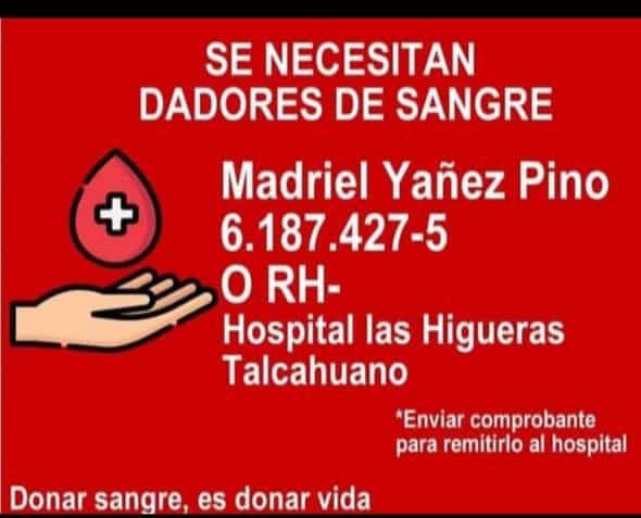CESTAYOLIVA's tweet image. Se necesitan dadores de sangre 0 RH-  a nombre de Madriel Yáñez Pino. dirigirse a Hospital las Higueras Talcahuano. ⁦@CEBioBio⁩ ⁦@camartinezj⁩ ⁦@DonasangreCruzR⁩