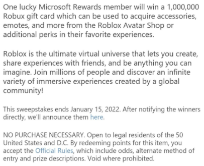 HiddenDevs on X: What would you do with 1 MILLION Robux? Now you can find  out if you are the lucky winner to this 1,000,000 Robux Giftcard  Sweepstakes from @Microsoft Rewards! Enter