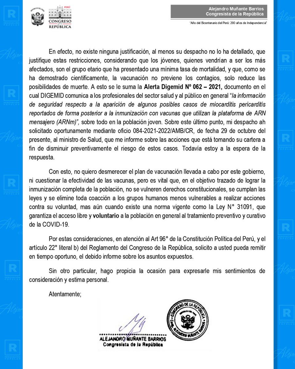 AlejoMunante's tweet photo. 🚨#URGENTE | He oficiado a la premier, advirtiéndole de la inconstitucionalidad que estaría incurriendo el DS 168-2021-PCM, que obliga a los jóvenes a partir de 18 años a tener 2 dosis de la vacuna para ingresar a espacios cerrados y también a los trabajadores de las empresas. https://t.co/44AJCWM85F