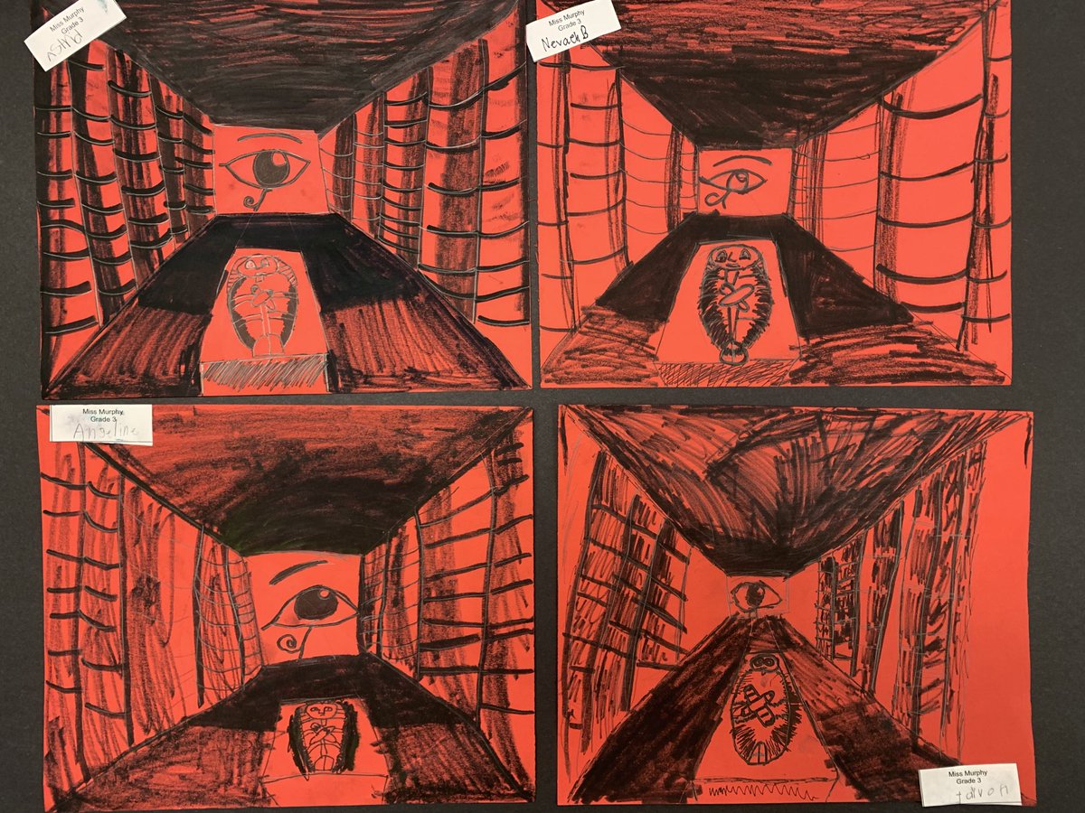 Miss Murphy’s third grade class successfully created an illusion of perspective in their Egyptian mummy tombs.  Students learned how to draw using a vanishing point to make their realistic pictures! ⁦<a href="/muhlsd/">Muhlenberg SD</a>⁩ #MECpride