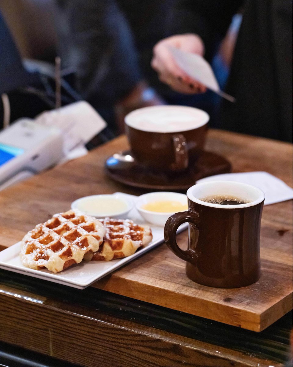 The coffee break: snack time for grown ups. Coffee & waffles to get us through the day… #CaféMedina #Liègewaffles #lifeistooshortforbadcoffee