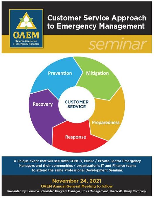 DaveColvinCEM's tweet photo. EXCELLENT PRESENTATION COMING NOV. 24! Customer Service Approach to Emergency Management. Join @LorraineSchnei Global Crisis Manager at The Walt Disney Company, to hear how taking a customer service approach to emergency management can improve your program. #OAEM #OFMEM https://t.co/TIGxnOqT9c