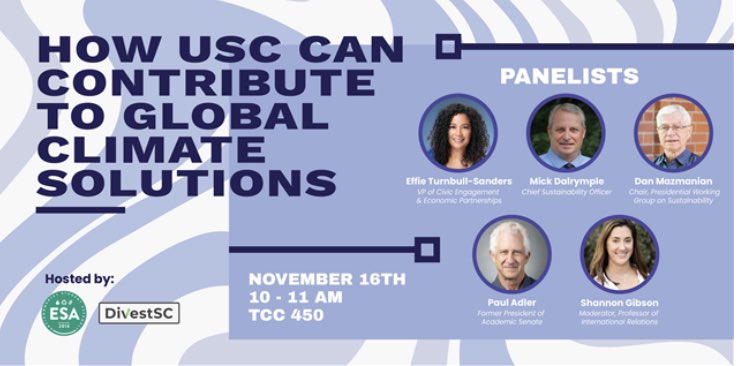 ProfSMGibson's tweet photo. Tomorrow is a busy one! First up, I’ll be moderating a @USCESA #divestSC panel “How USC Can Contribute to Global Climate Solutions” | Tuesday 10-11 am TCC 450 & Zoom | https://t.co/6sn9DL0doH https://t.co/BNIp9SpL9f