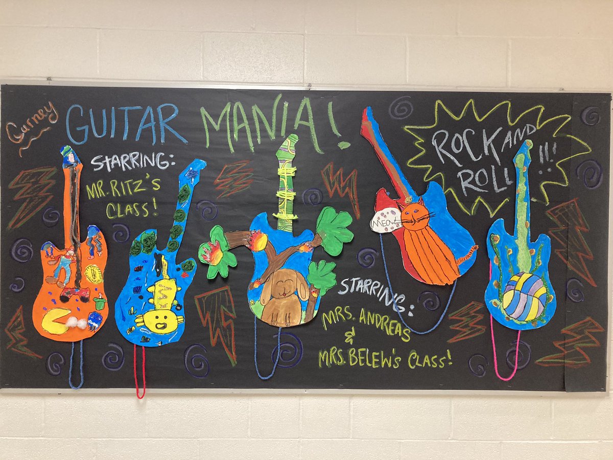 GurneyArt's tweet photo. So proud of all of the creativity and hard work that went into these. Each student created a detailed design proposal before completing their mixed media guitar. They really rock! #cfevscourage https://t.co/N8MC4Bdc6j