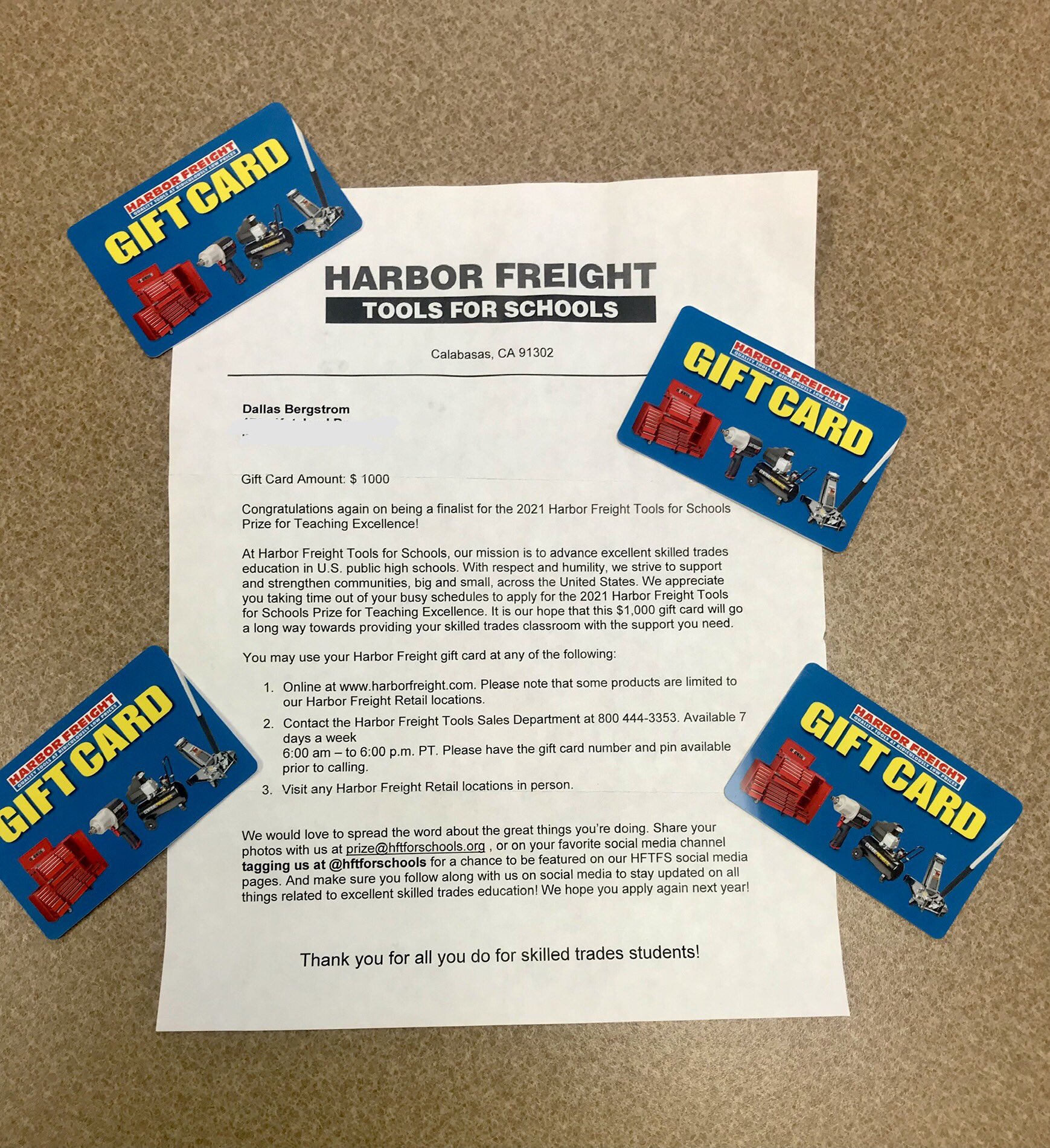 Dallas Bergstrom Manufacturing Engineering On Twitter: Woohoo! Super  Excited To Get My Harbor Freight Gift Cards. I Have Some Student Projects  That Will Be Able To Do Some Experimentation Now! Thanks @Hftforschools