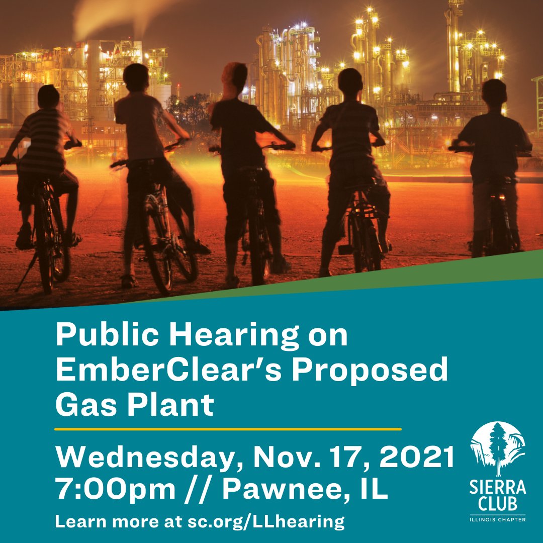 SierraClubIL's tweet photo. 🚨We need all hands on deck to tell the @ILEPA that Illinoisans don't want a dirty gas plant to be built next to a school in Pawnee, IL! Join us in-person or virtually this Wednesday, 11/17 at a public hearing on @EmberClear's proposed permit.

More info: https://t.co/L8ZgfL9lMS https://t.co/BjoWtCZZnH