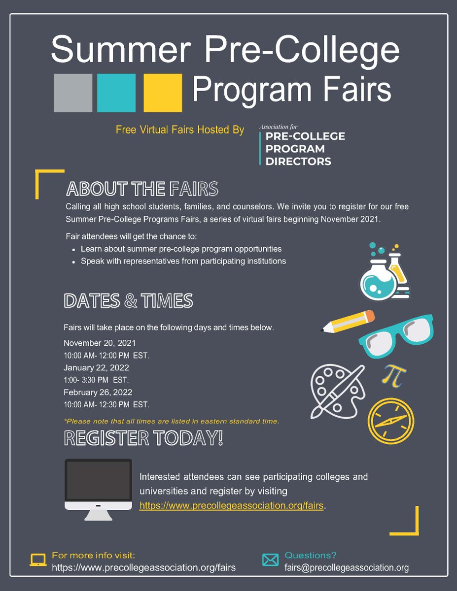Saturday, Nov. 20, 10am-12pm: High school students &amp; families are invited to register for a free Summer Pre-College program fair. Meet with representatives from over a dozen pre-college programs and learn about amazing summer opportunities! Register at precollegeassociation.org/fairs