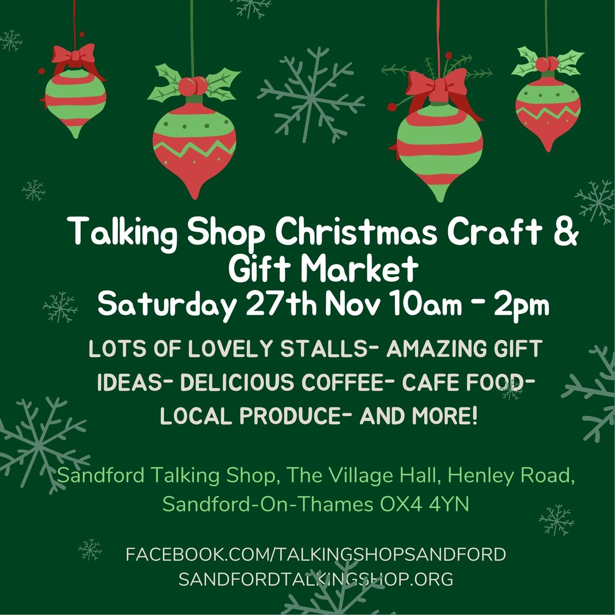 TalkingShopSand's tweet image. Our Christmas craft and gift market is back! Join us on November 27th, 10am-2pm, for lots of lovely stalls and gift ideas, as well as our usual local produce, cafe food and just a sprinkling of early festive cheer!