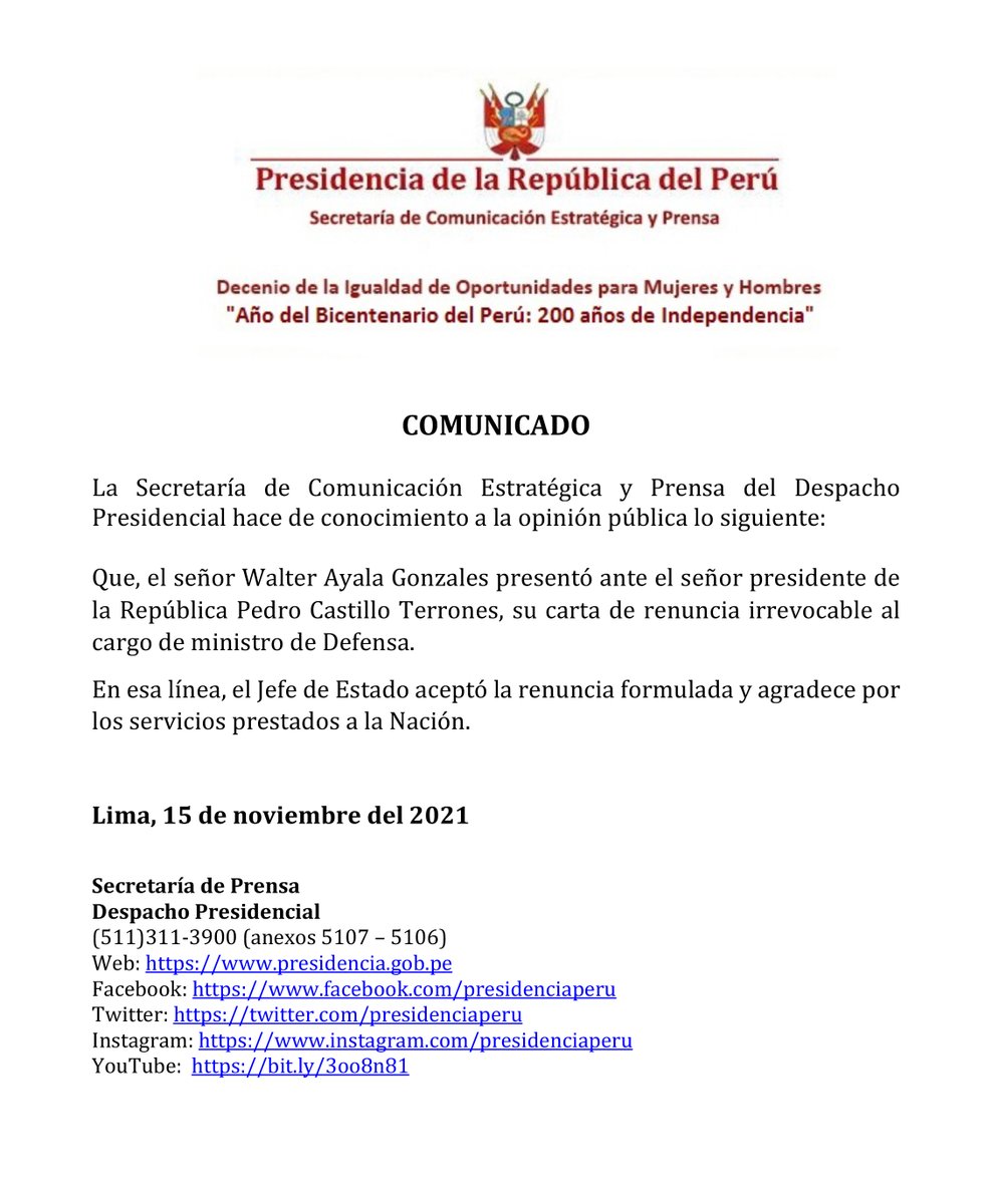 presidenciaperu's tweet photo. COMUNICADO DE PRENSA https://t.co/y5MEHhEeAQ