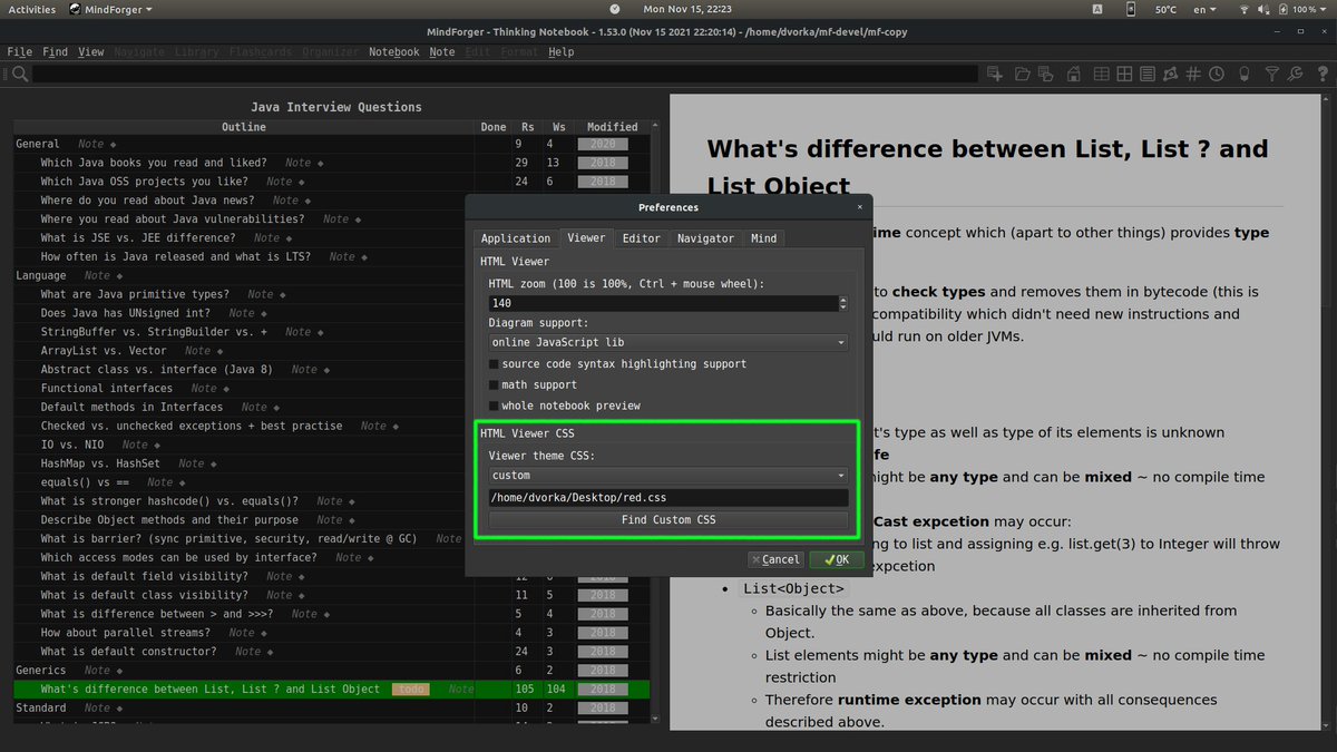 mindforger's tweet photo. It will be possible to specify custom CSS for HTML viewer in the next @mindforger release - both in UI and configuration file. https://t.co/lWqgSddJJk
