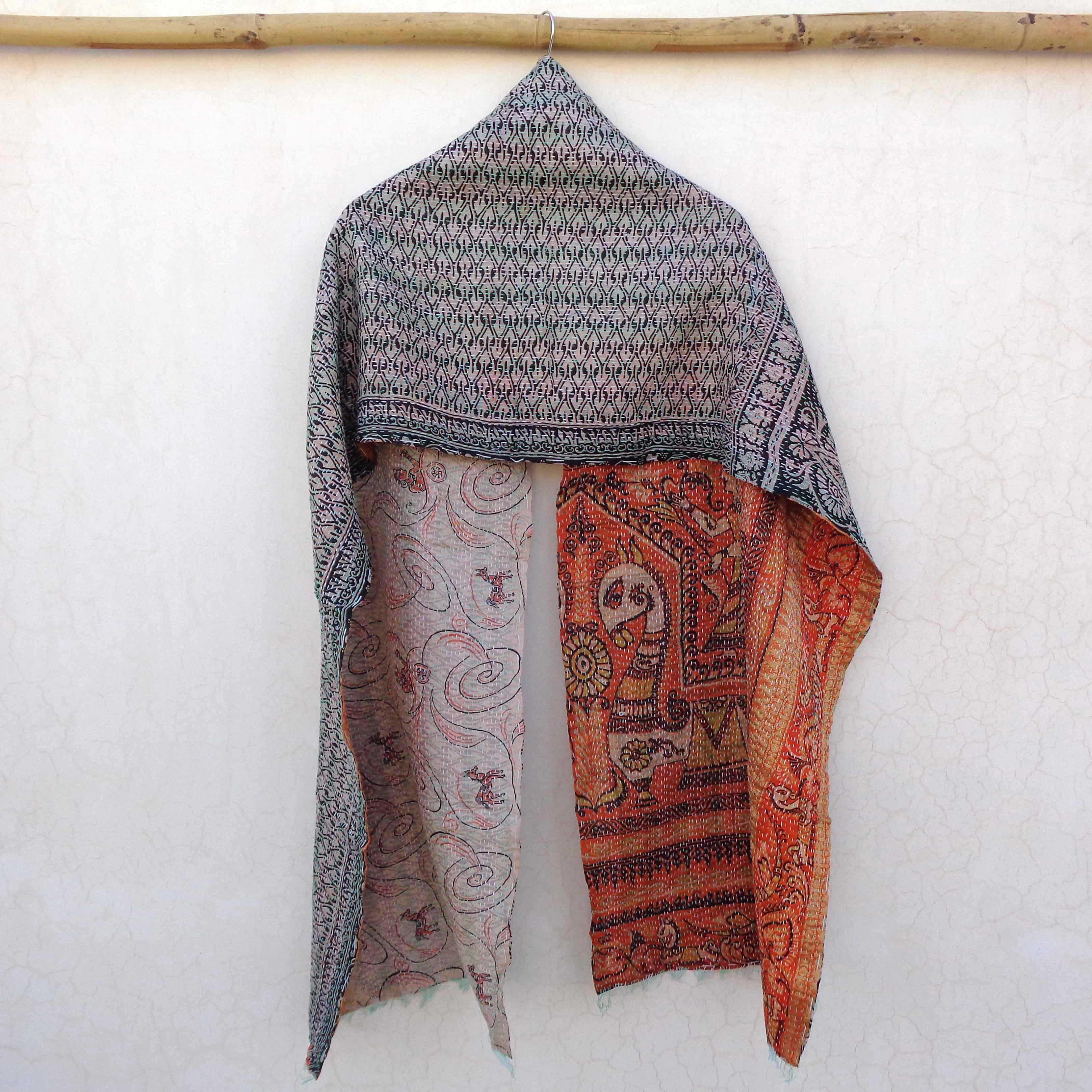 Silk Kantha Scarf Head Wrap Stole Dupatta Hand Quilted Women Scarves Reversible KS75