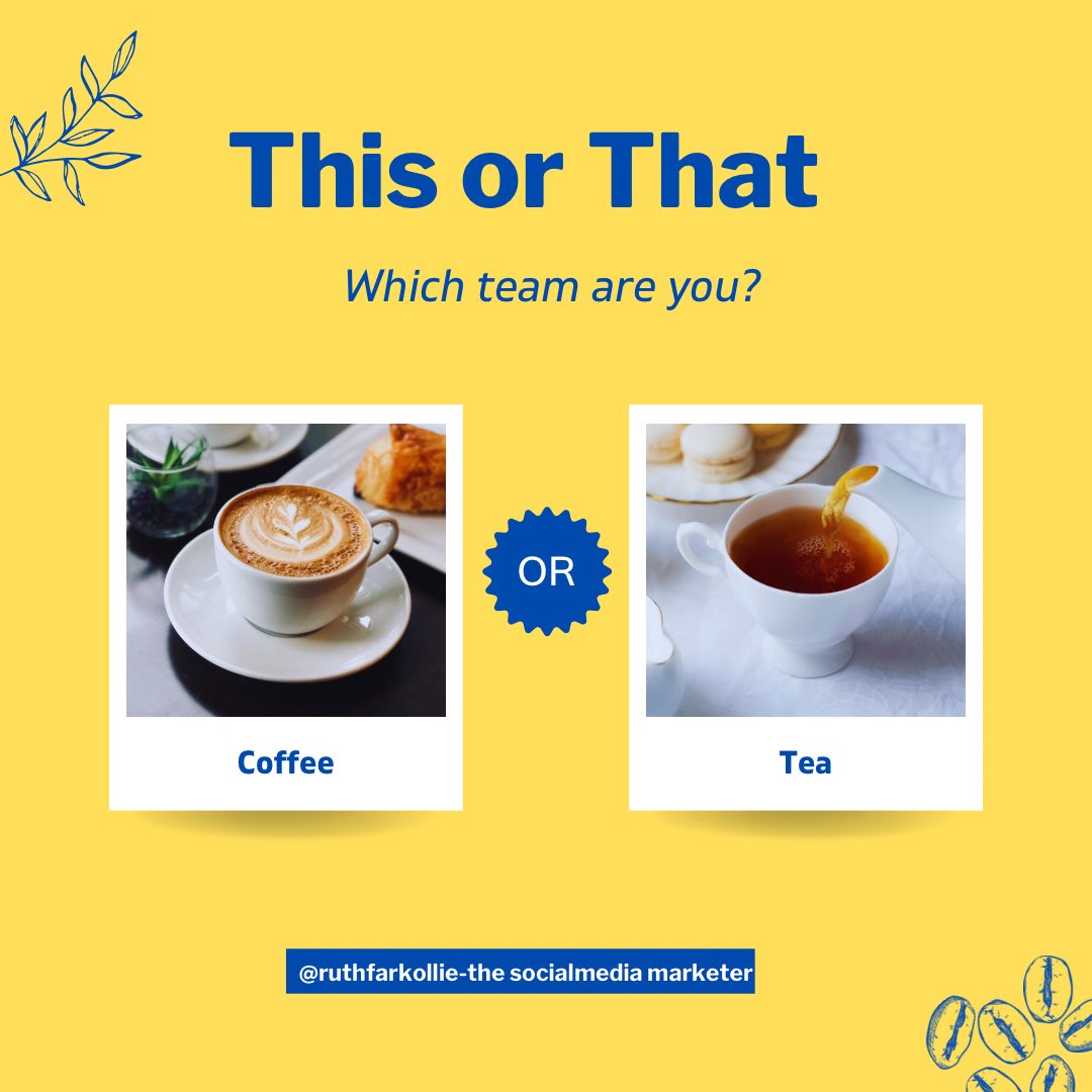 RFarkollie's tweet photo. Which team are you? Coffee or tea? 
Retweet and comment below 👇🏽 
#mondaythoughts #CoffeeLovers #tealovers #Productivity #ThisorThat #socialmediamarketer #digitalcreator #contentcreator #DigitalMarketing #twittermarketer https://t.co/GLStxoxOUO