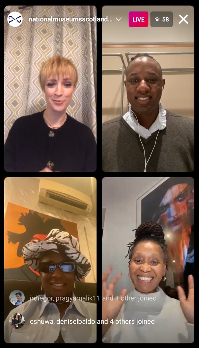 Four people on an Instagram Live, smiling.