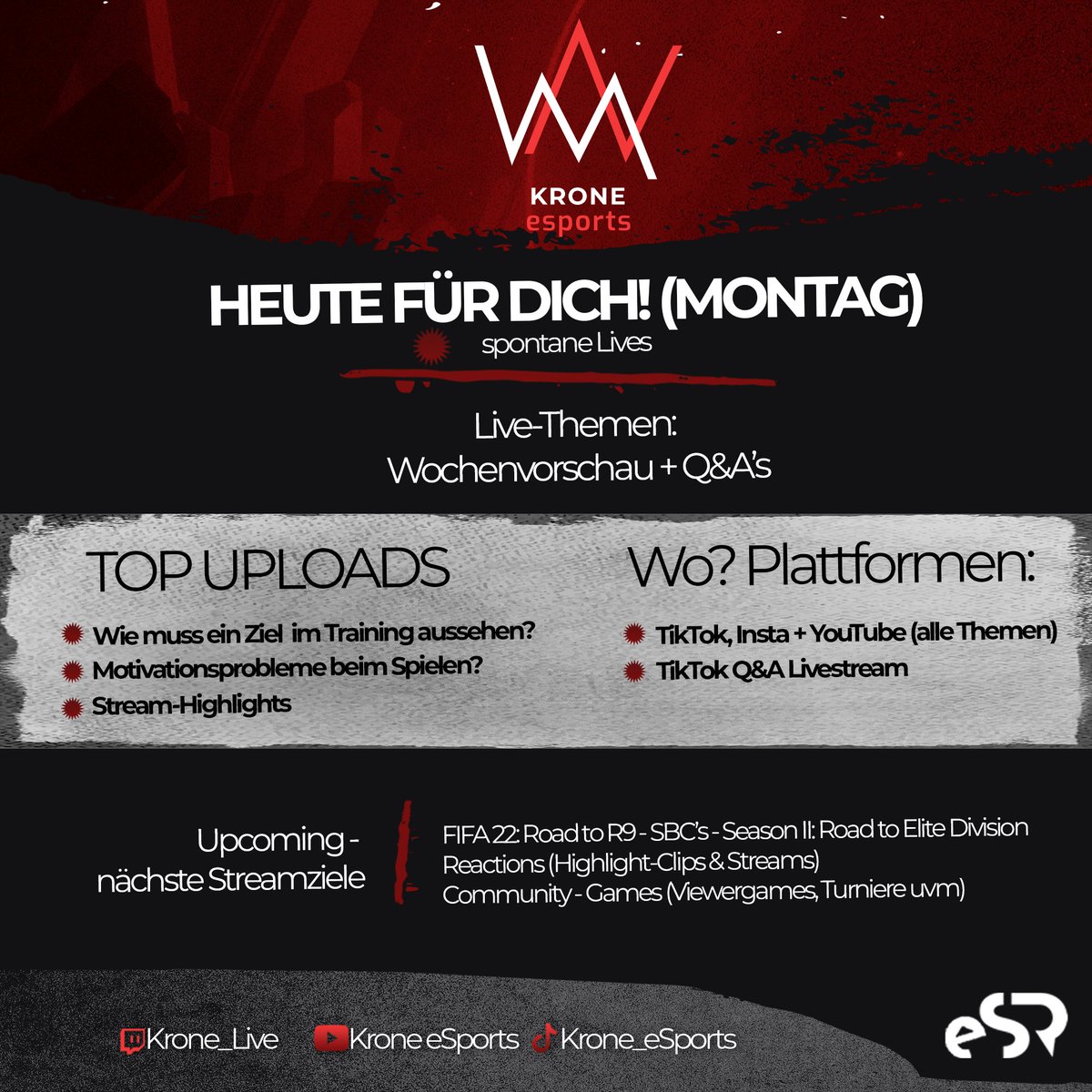 🤗Hattet Ihr einen schönen Start in die Woche? 🔥

Mein Content (Short Clips) heute :-)..

Ich freue mich auf die nächsten Streams 🖤❤
Josh

#kroneesports #eSRfamily #eSR #esports #Training #coaching #lernen #fifa22 #efootball