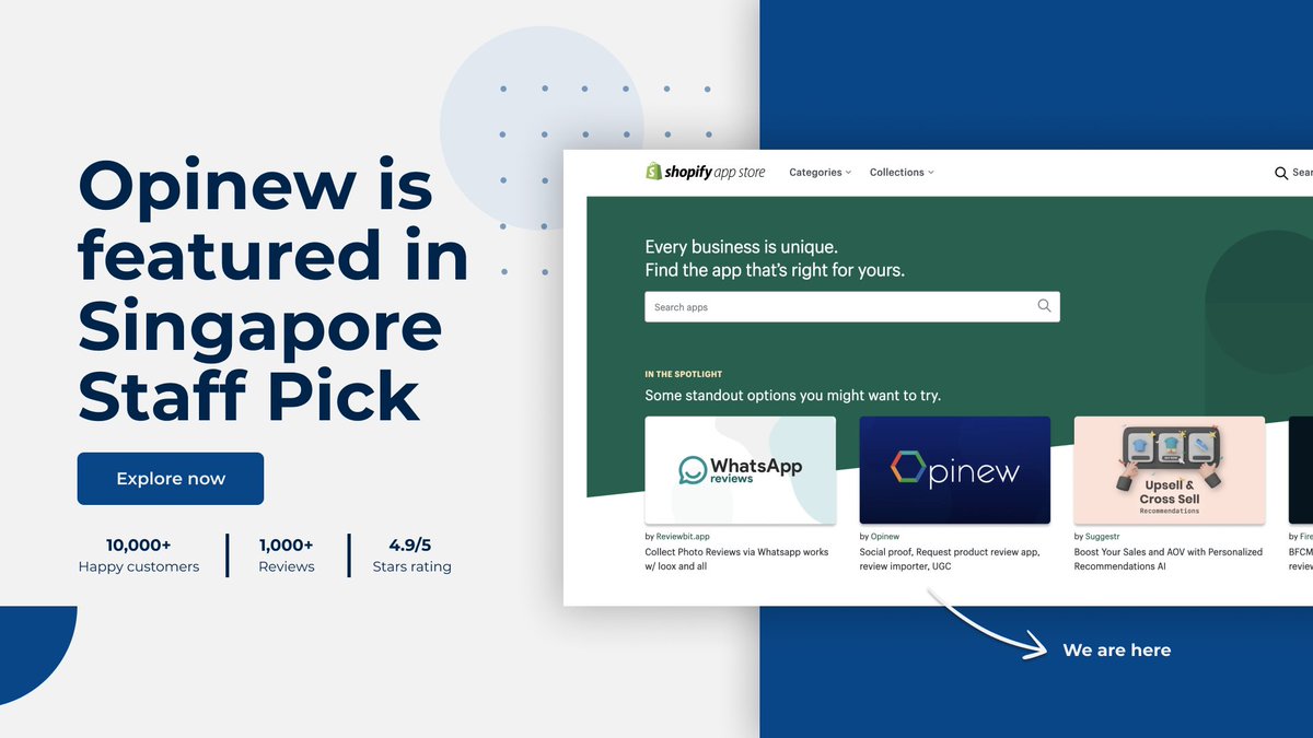 Opinew's tweet photo. 🔈We are thrilled to announce that #Opinew has been chosen as the #Shopify Staff Pick app in Singapore this week! 🥳 This is huge recognition towards the team’s hard work, and we couldn’t resist sharing this great news with you!🥂

#ecommerce #reviews #reviewsapp #Shopifypartners https://t.co/fm7dZz5n1C