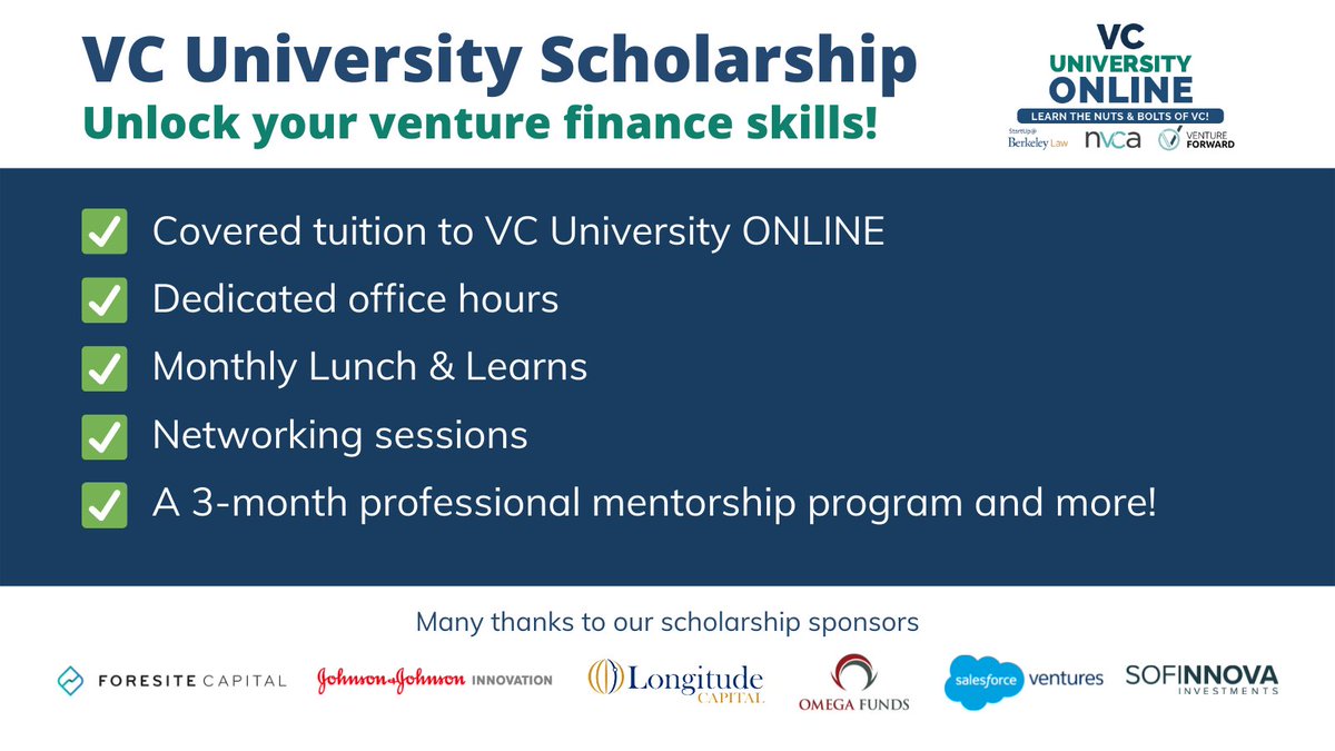 📣 Calling all aspiring/early-career VCs from underrepresented backgrounds! Unlock your venture finance skills by applying for a scholarship to the February 2022 cohort of #VCUniversity ONLINE.

Learn more &amp; apply by THIS FRIDAY, 11/19
venturecapitaluniversity.com/scholarship/on…