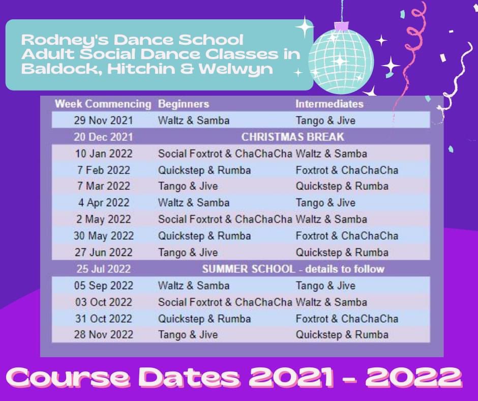 rodneysdance's tweet photo. Here’s our social class schedule for 2021/22! Tuesdays in #Baldock, Wednesdays in #Hitchin, Fridays in #Welwyn. If you are new to the school, email us on rodneysdanceschool@gmail.com to let us know which session you'd like to attend.
#latin #ballroom #herts #StrictlyComeDancing https://t.co/RGr507E1op