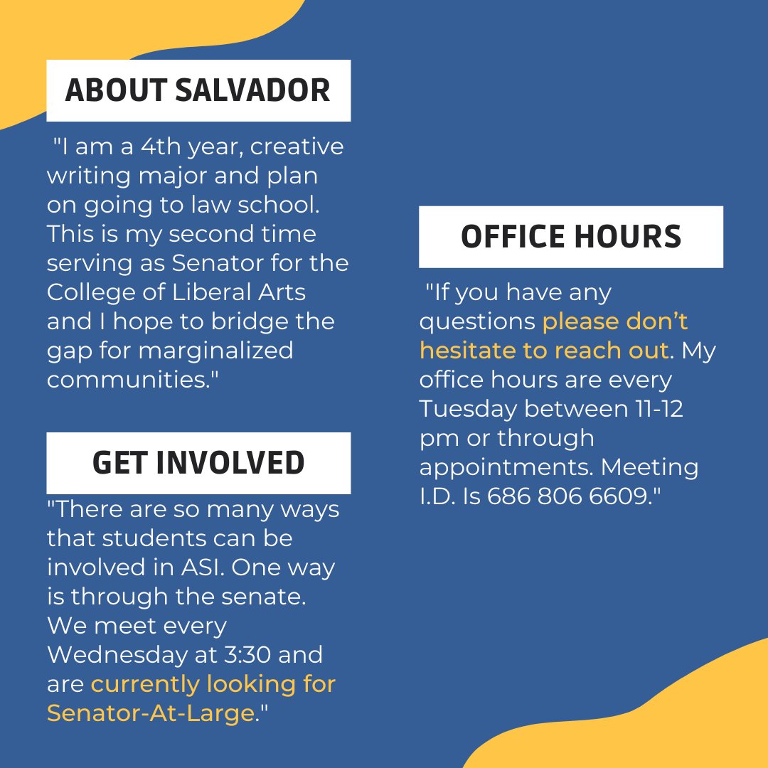 csulbcla's tweet photo. Meet College of Liberal Arts ASI Senator, Salvador Peregrina! π€ Swipe to read more about Salvador and the tips he has on getting involved through @csulbasi!
#csulb #csulbcla #csulbasi #associatedstudentsinc #senator #senior https://t.co/Iy8KtXGGAQ