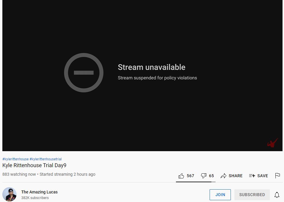 Du_qianyun's tweet photo. BREAKING: All independent streams of the Kyle Rittenhouse Trial are being taken down by Youtube over "Policy Violations"

@CBSNews' stream is still running however. https://t.co/UhNwrLZbCU