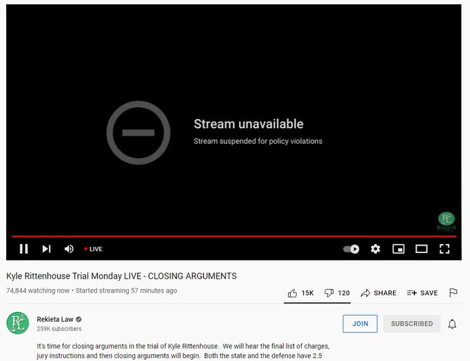 Du_qianyun's tweet photo. BREAKING: All independent streams of the Kyle Rittenhouse Trial are being taken down by Youtube over "Policy Violations"

@CBSNews' stream is still running however. https://t.co/UhNwrLZbCU