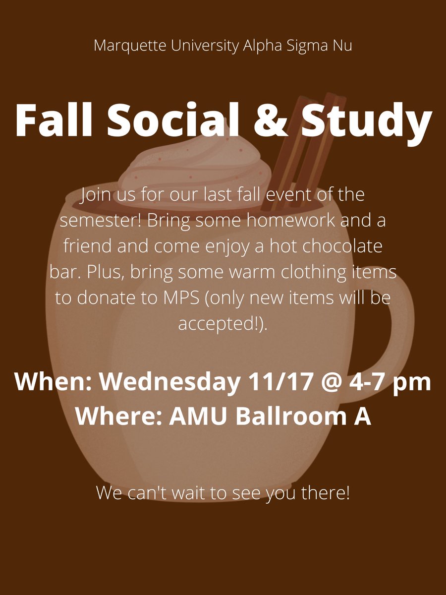 Hey ASN members! We invite you to join us for our LAST FALL EVENT‼️ Bring some homework, grab a friend, and come join us to study, chat, and enjoy some hot chocolate! 

WE HOPE TO SEE YOU THERE!
