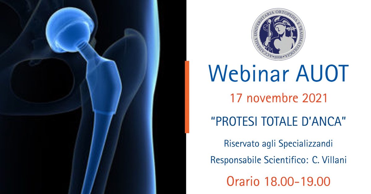 SIOTOrtopedia's tweet photo. “Protesi totale d’anca” è l’argomento del #webinar #AUOT di mercoledì 17 novembre (ore 18/19) tenuto dal Prof. Ciro Villani.
Il webinar è riservato agli #specializzandi
Iscrizioni: https://t.co/5S6hkxtlVe
#SIOT #Formazione #ortopedia #traumatologia https://t.co/uFCtQDHx1g