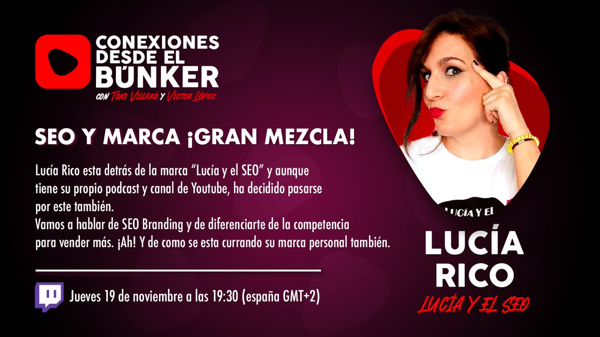 🚨Este jueves se pasará por el Búnker🚨

<a href="/luciayelseo/">LucIA y el SEO A.K.A Lucía Rico🚀 SEO Estratégico</a> 

Se viene un directo de puro valor 🤯 que no os podéis perder, así que ¡CHACHO! Ves pillando sitio.

🟣 Marca y SEO
🟣 Diferenciarse gracias al diseño
🟣 Marca personal
🟣 Podcasts, twitch y Youtube.

twitch.com/conexionesbunk…
