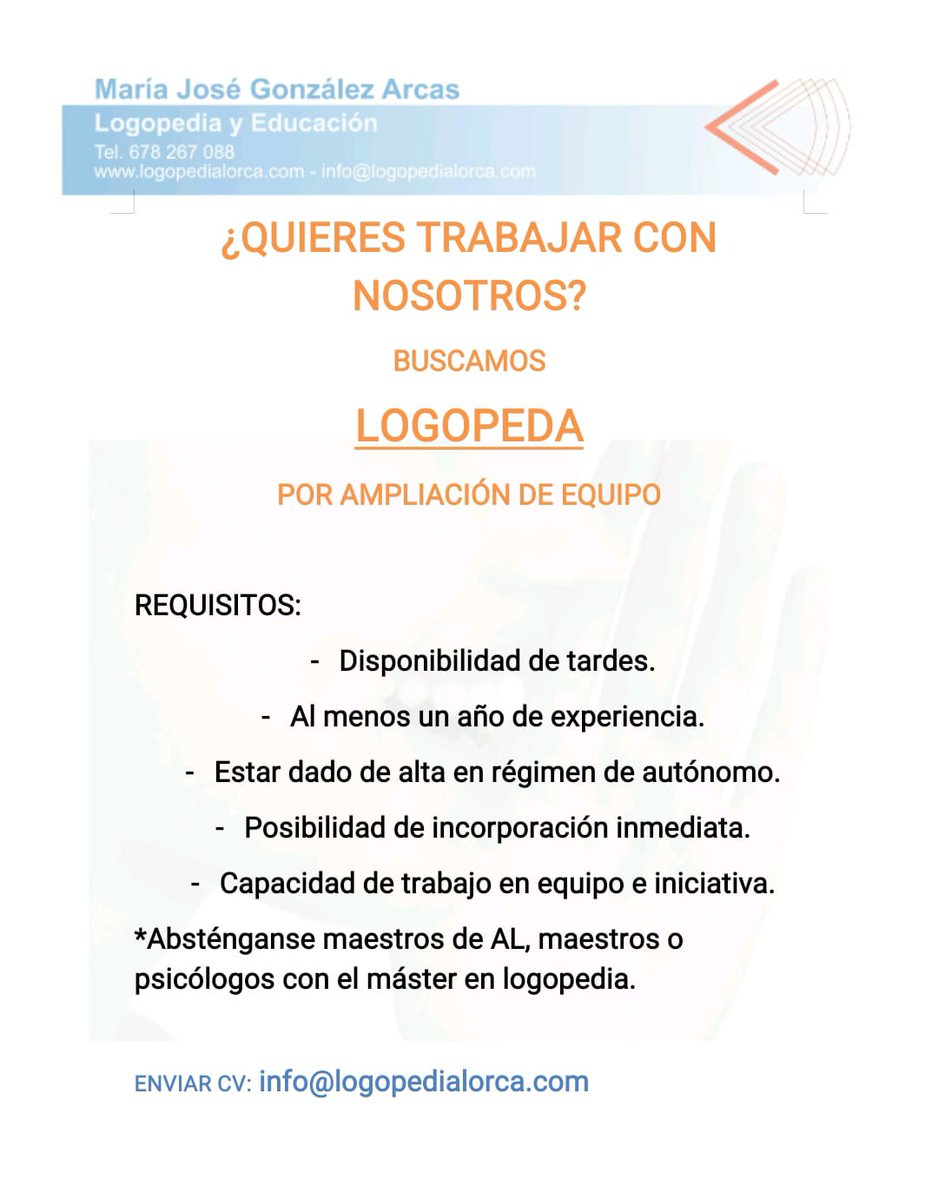 logopedia_educa's tweet photo. QUIERES TRABAJAR CON NOSOTR@S? 
Buscamos LOGOPEDA por ampliación del servicio. 

Si estas interesado/a en la oferta o conoces a alguien, envía CV. https://t.co/TCHJnEzMau