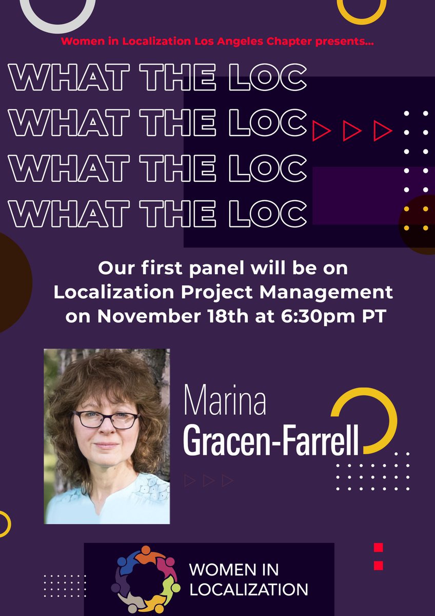-3 days to the first episode of the WHAT THE LOC? series, presented by #wlla! 🎉 Meet our third speaker, @MarinaGracenFar! Register here: eventbrite.com/e/wlla-what-th… 
#womeninl10n #projectmanagement