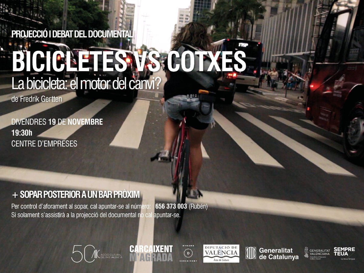 Este divendres estarem a les 19:30 al Centre d'Empreses de #Carcaixent amb <a href="/AccioCulturalPV/">Acció Cultural del País Valencià</a> i Carcaixent M'agrada veient el documental "Bicicletes vs. Cotxes". Farem un col·loqui sobre quin model de ciutat volem i la importància de les bicicletes en ell. Ah! I farem un sopar!