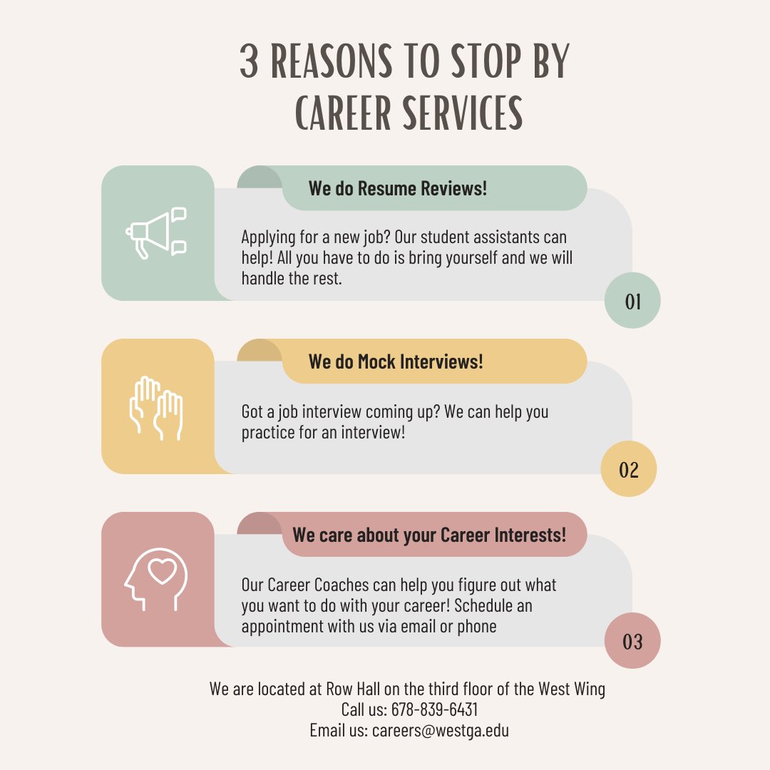 UWGCareer's tweet photo. Need help planning your out your career goals? Remember to stop by Career Services this week! We are right around the corner at Row Hall ready to help you with your career needs 👏🏾 https://t.co/WxbOHkTvVA