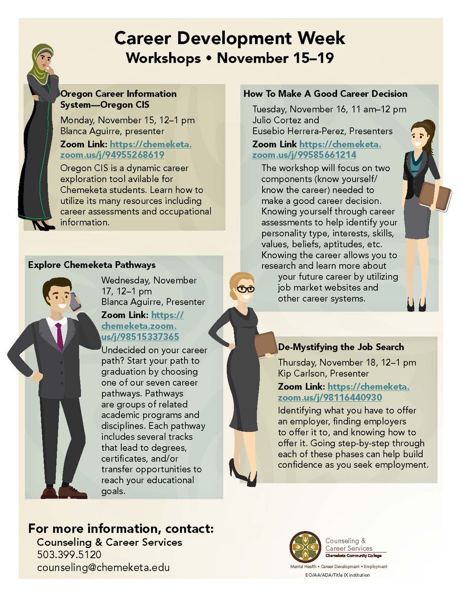 chemeketa's tweet photo. This week is National Career Development Week! We are offering a week of workshops to help in career planning and development. Tap into these resources and see what you can learn.
#nationalcareerdevelopmentweek
#ChemeketaCounselingandCareerServices https://t.co/cAZpc6IbrS