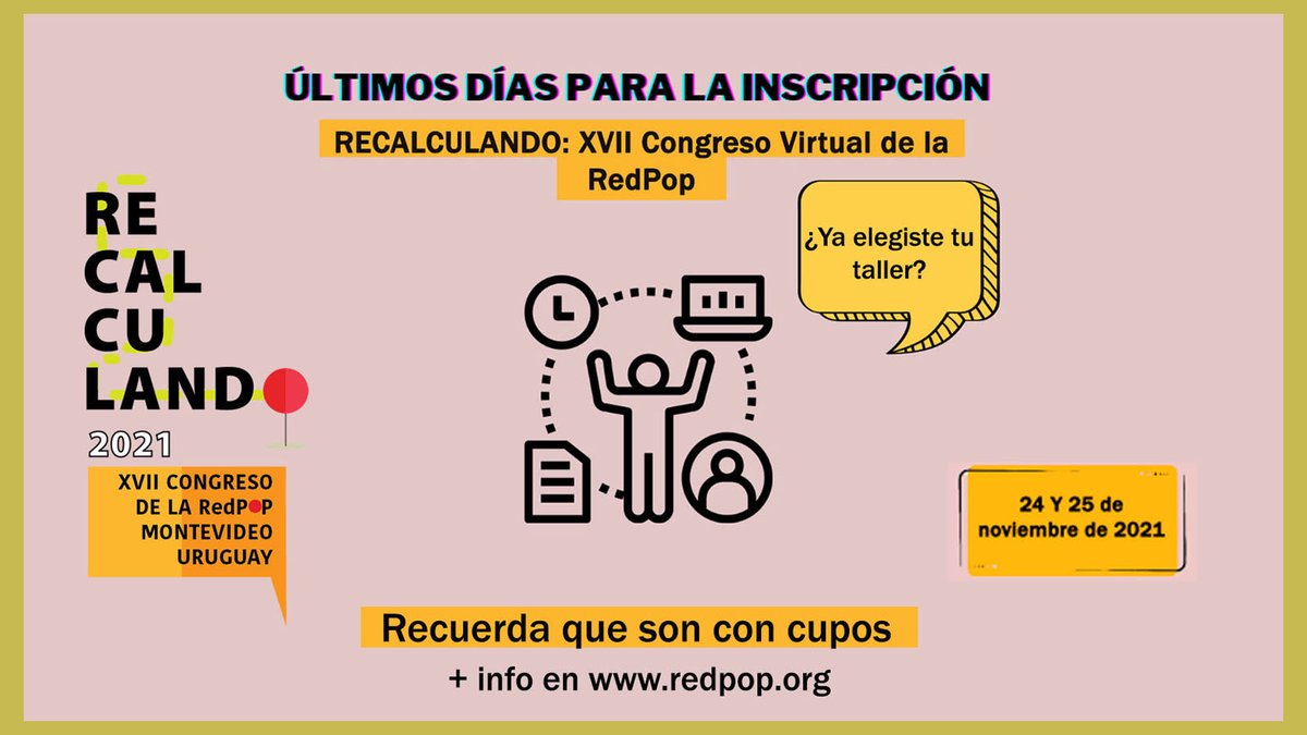 ¿Aún no te haz inscrito en #Recalculando2021 ?Apúrate porque quedan los últimos días para que puedas hacerlo.En la instancia habrán grandes exponentes de la divulgación científica latinoamericana y abordaremos el desafío de divulgar en tiempos pandemicos. redpop.org/programa