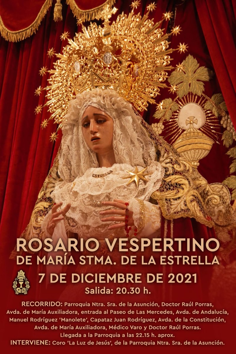 SantaCena1956's tweet photo. (1) En la tarde de hoy queremos informar del Solemne Rosario Vespertino que la Hermandad celebrará, (DM), el próximo 7 de Diciembre, víspera del día de la Inmaculada Concepción de Ntra Sra de la Estrella. Por tal motivo, rezaremos el rosario por las calles de la feligresía. https://t.co/Qtwe34Jhn5