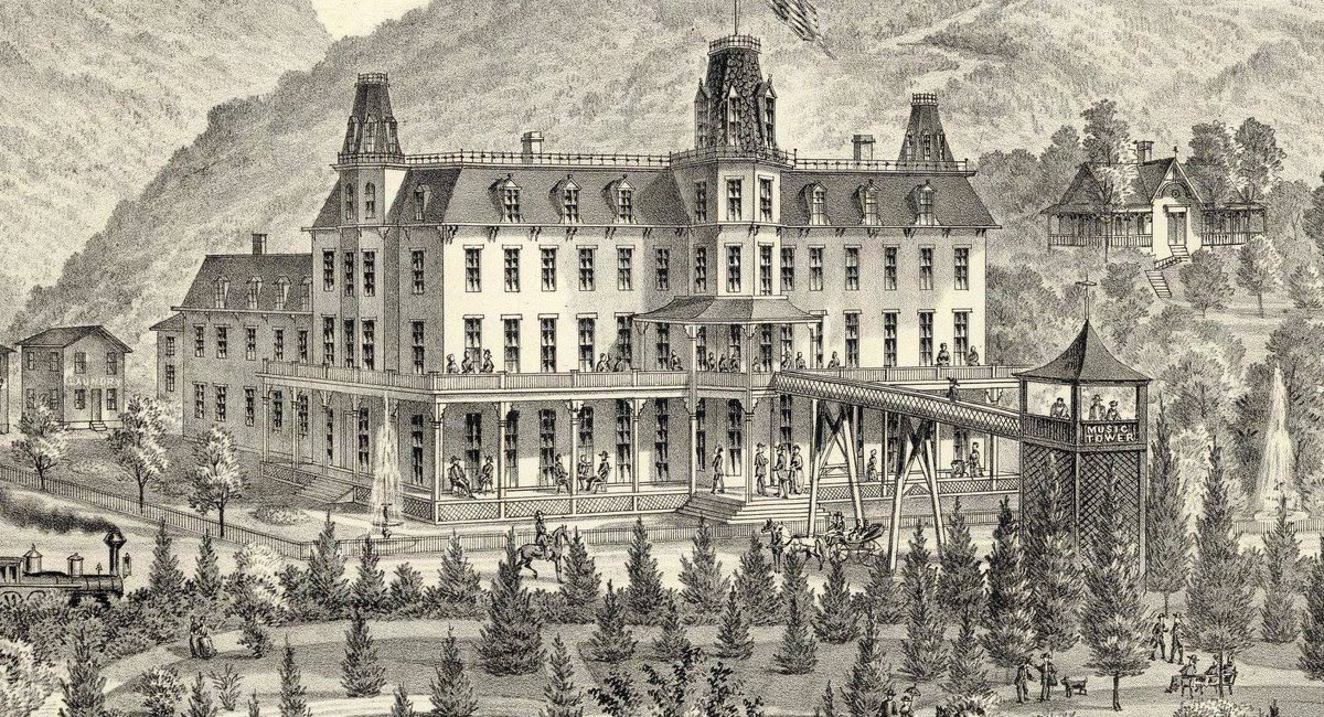OddPittsburgh's tweet photo. "Ellanova Springs" once stood at the intersection where Ohio River Blvd, River Rd &amp; Beaver St meet in Haysville. Built by Col. Robinson in 1872/1873, it boasted 250 rooms to the #Pittsburgh elite. Rocked by scandals and more, the resort burned to the ground on April 2, 1882. https://t.co/tKbuKCabEo