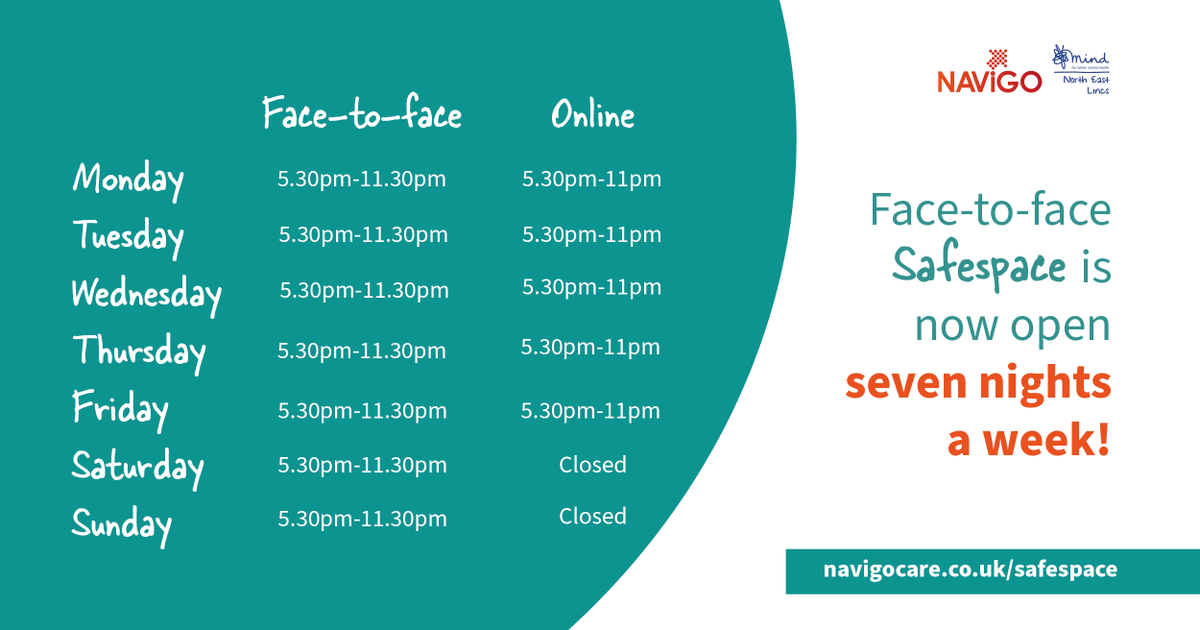 navigocare's tweet photo. Safespace offers out-of-hours #MentalHealth support to anyone who needs help with their wellbeing in the evenings.

And what's more, it's now open seven nights a week!

Walk in at NAViGO House on Brighowgate, or log on to the virtual version here: https://t.co/BU1L2AGKRc https://t.co/RqGWX1Dm54