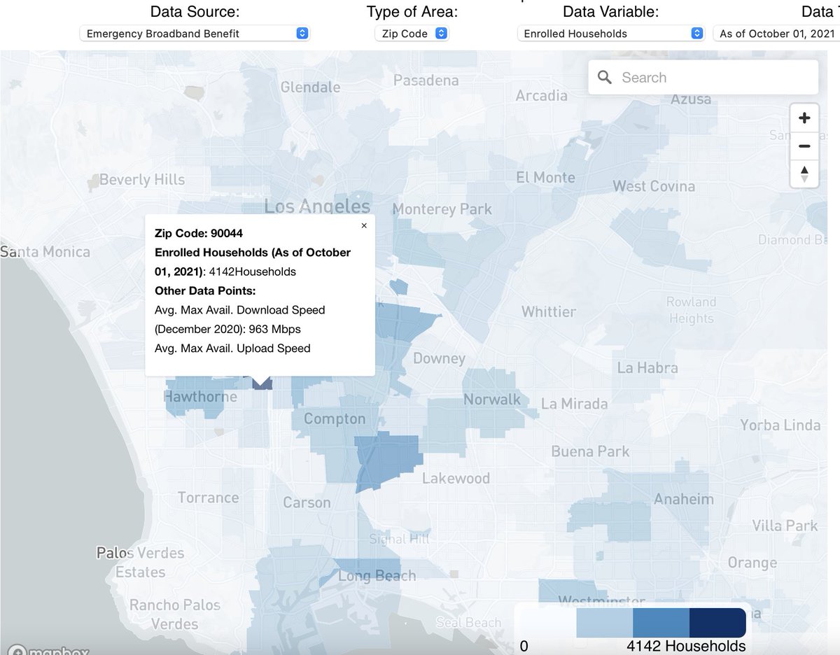 techpolicyinst's tweet photo. Finding the number of households enrolled in the #EBB Program has never been easier! @TPIBroadband's map tracks signups at the state level &amp; across zip codes. Data tracking signups in South Los Angeles is shown below! Visit https://t.co/DkI922riPi to see our map in action!! https://t.co/rJI2VUh64Q