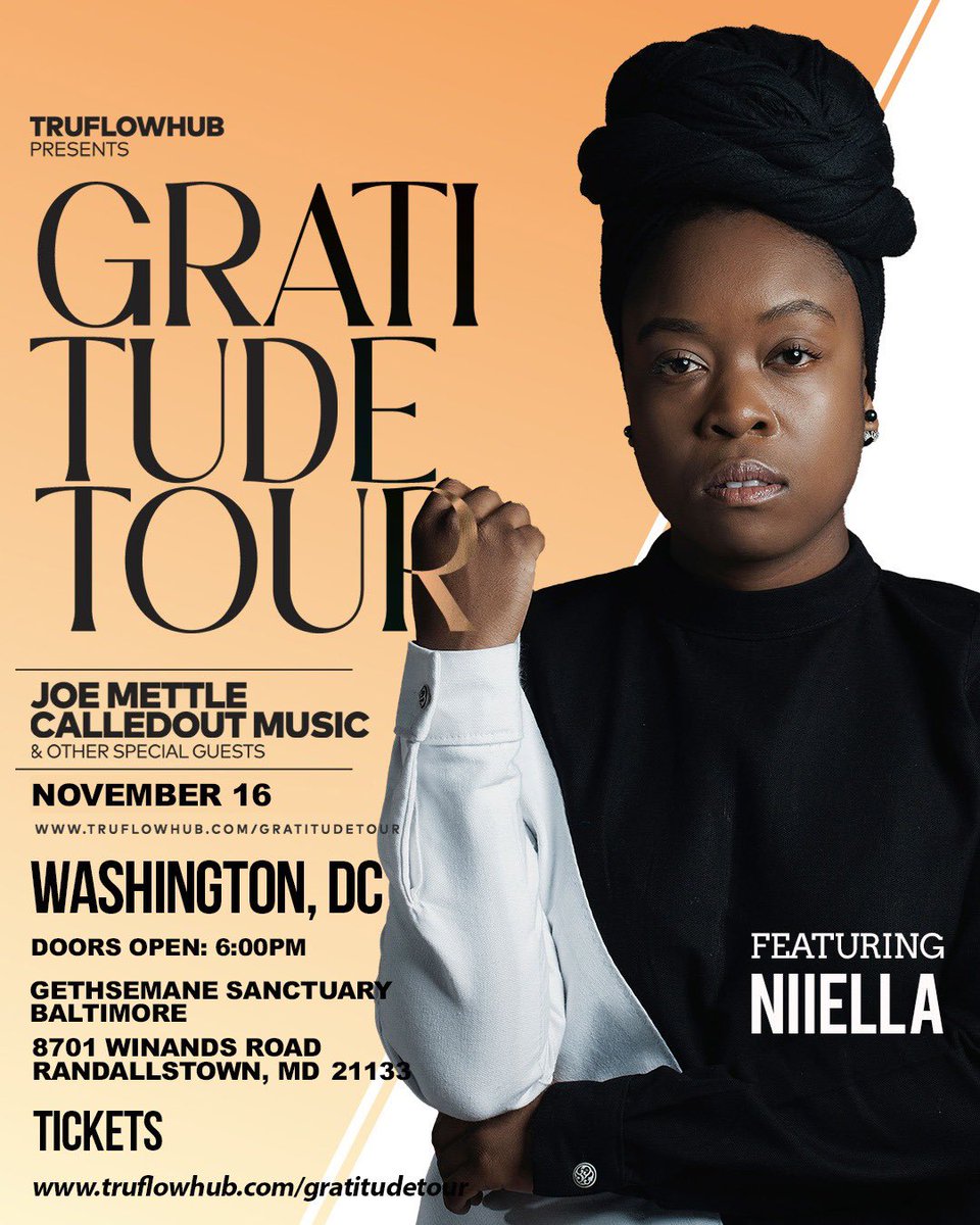 NiiellaOfficial's tweet photo. Join myself, @jmettle (Ghana) @calledoutmusic (UK) @jumboane and @IamPeterTobe for the DMV leg of the Gratitude Tour at Gethsemane Sanctuary Baltimore on Tuesday 16 November.

Doors open 6:00pm

https://t.co/YwhRgJGVIn https://t.co/DhJ0TWNUYL