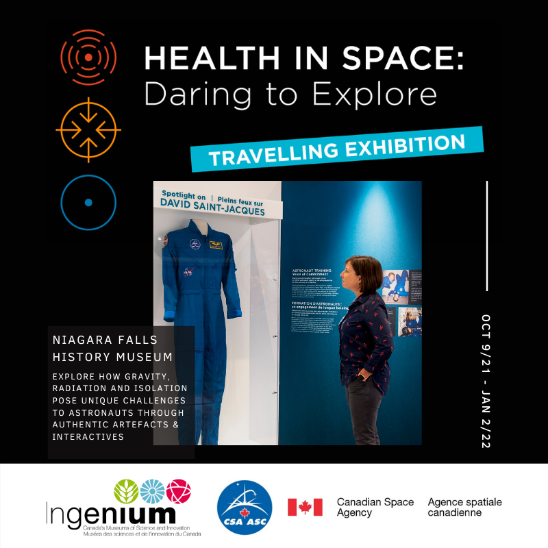 nfmuseums's tweet photo. Learn about how astronauts keep healthy in space! From the @avspacemuseum, #HealthInSpace Daring to Explore discusses the lives and health of astronauts dealing with radiation, micro-gravity and isolation. Focus on the experience of Canadian Astronaut David Saint-Jacques. https://t.co/PJJ2fNYVXy