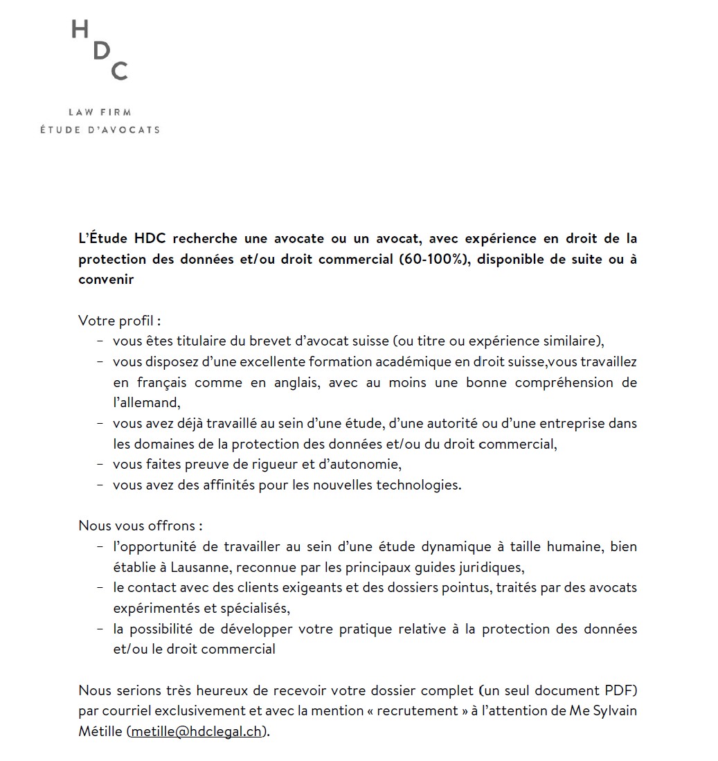 smetille's tweet photo. On recrute chez @hdclegal une avocate ou un avocat avec expérience en protection des données et/ou droit commercial
#privacy #data #law #Lausanne https://t.co/UHPM4pQ7OX