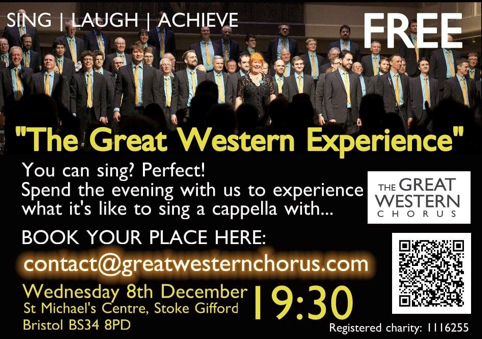 GWCBristol's tweet photo. ***Breaking News***
Come and sing with @GWCBristol for the evening!  If you are a guy, can sing, and you love singing with other guys, book in for a Great Western Experience, at St Michael's Centre, Stoke Gifford, on 8 December. https://t.co/vCvEi0ao6j