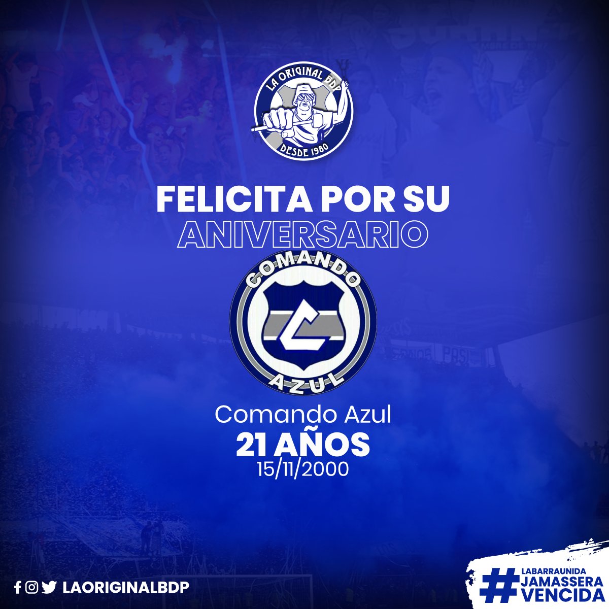 LaPioneraBdp's tweet photo. La Original Boca del Pozo felicita a su agrupación #ComandoAzul ⚡⚡ por sus 21 años de fundación siguiendo y apoyando incondicionalmente al Club Sport Emelec.
.
¡Feliz Aniversario muchachos! 😎
.
La Original #BocaDelpozo #CSE #BDP #ComandoAzul https://t.co/a6UM9DBoz3