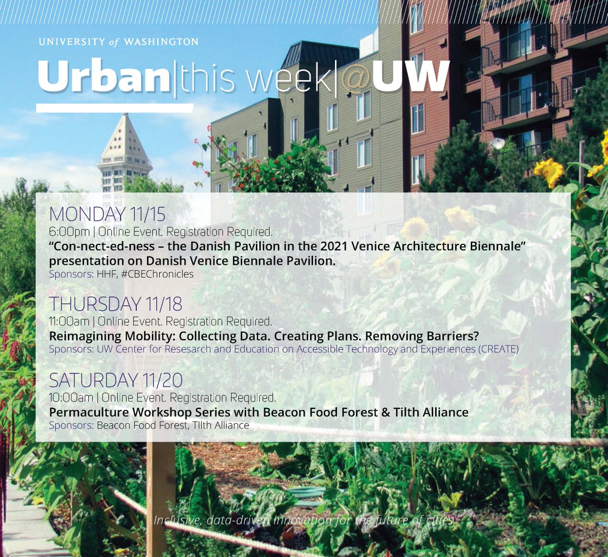 UrbanUW's tweet photo. Over the next two weeks, join #CBEChronicles for a special lecture on Danish Architecture, discuss community mobility and transportation with UW researchers, and discover how permaculture can be actualized in urban environments.
https://t.co/bgAPeWhOCF https://t.co/5Q5DeUD2ef