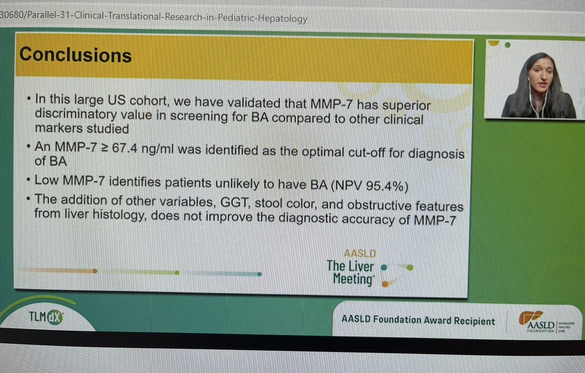 Dr_NOvchinsky's tweet photo. @SindhuP_MD presenting important data on #MMP7 as a biomarker for diagnosis of #BiliaryAtresia
❇️data on 399 cholestatic infants, ‼️201 with #BA
🔅67.4ng/mL may be optimal cut-off value for diagnosis of #BA
❓can we avoid #biopsy
#LiverMtg21 #TLMdX @AASLDtweets @bezerratweet https://t.co/siu9XYo9Ie