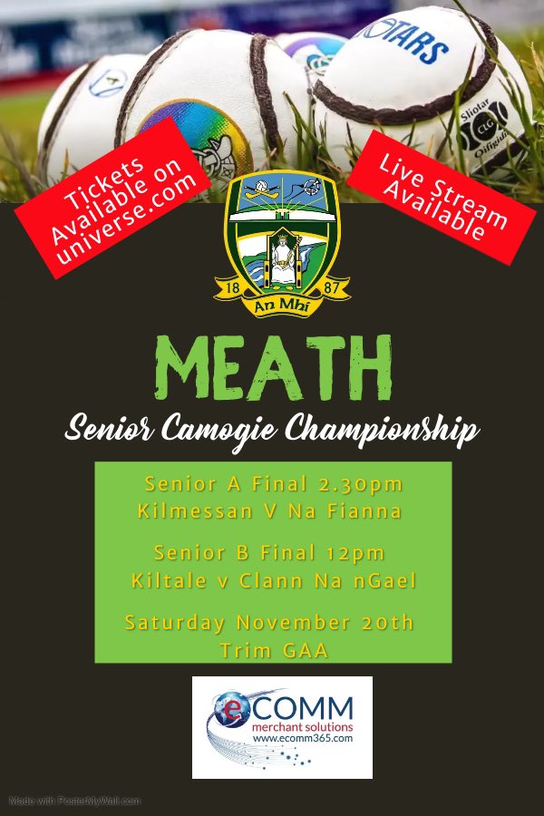 OffMeathCamog's tweet photo. The 2021 eComm Merchant Solutions Senior Camogie Finals will take place this Saturday in Trim GAA.

Senior A - Kilmessan v Na Fianna 2.30pm

Senior B - Kiltale v Clann na nGael 12pm

Tickets are available from https://t.co/sLQg7K17G7 
https://t.co/CJLiwy3Wzy

@OfficialCamogie https://t.co/W529uaXSNO