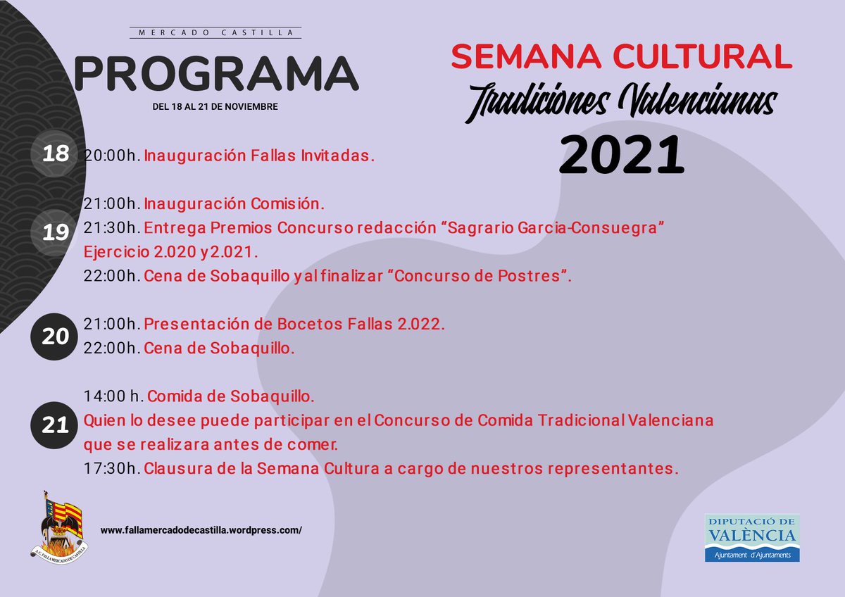 FallaMCastilla's tweet photo. Esta semana, entre los días 18 y 21 de noviembre, nuestra falla celebrará la semana cultural, que lleva por tema "Tradiciones valencianas".

Con actividades, comidas, cenas y premios que os están esperando.

¡Aquí tenéis el programa para que os vayáis organizando! ¡Tomad nota! 📝 https://t.co/j3ZTb26PWn