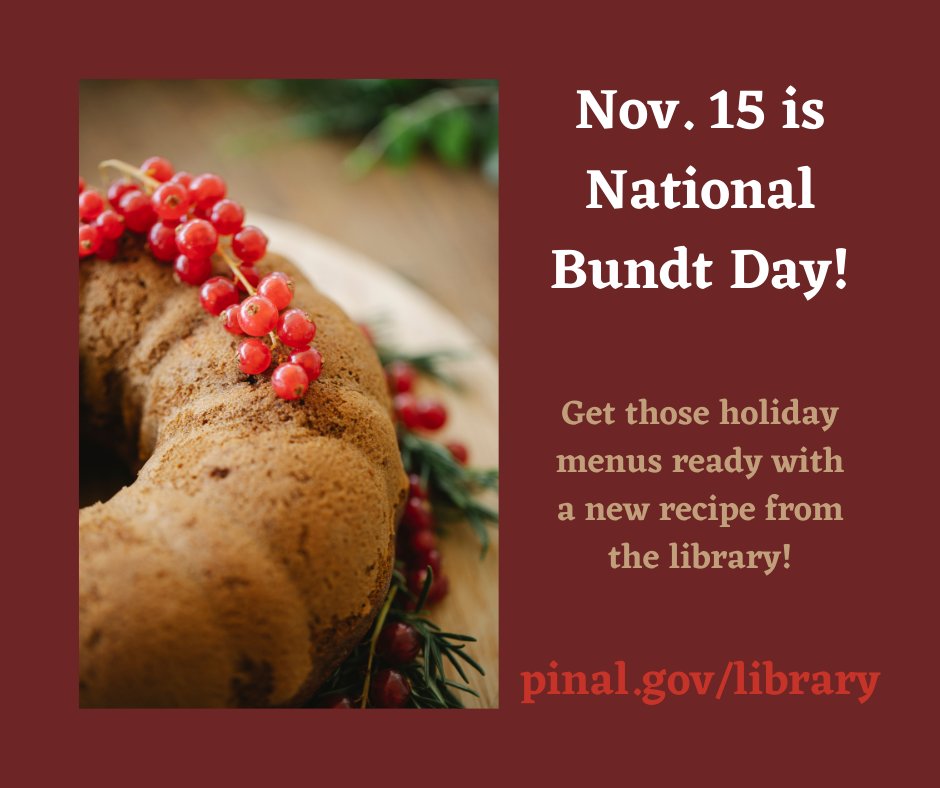 pinallibraries's tweet photo. Happy National Bundt Cake Day! Get your holiday menu ready with a delicious recipe from your library! Place your hold today 🍰
https://t.co/bKSrxOX3as
#nationalbundtday #cake #recipe #cookbook #bake #pcldaz #pinallibraries https://t.co/AJJIPA5Ml2